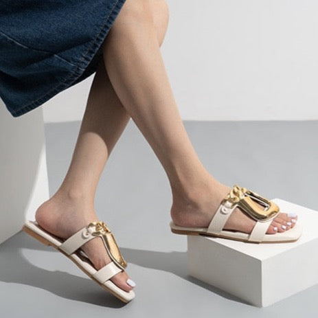 Jean Big Metal Buckle Slippers - 4 Colors