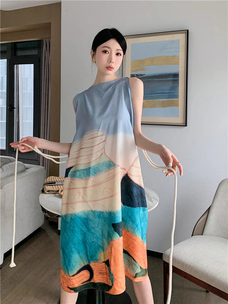 Jewel Abstract Painting Backless Rope String Tie Dress