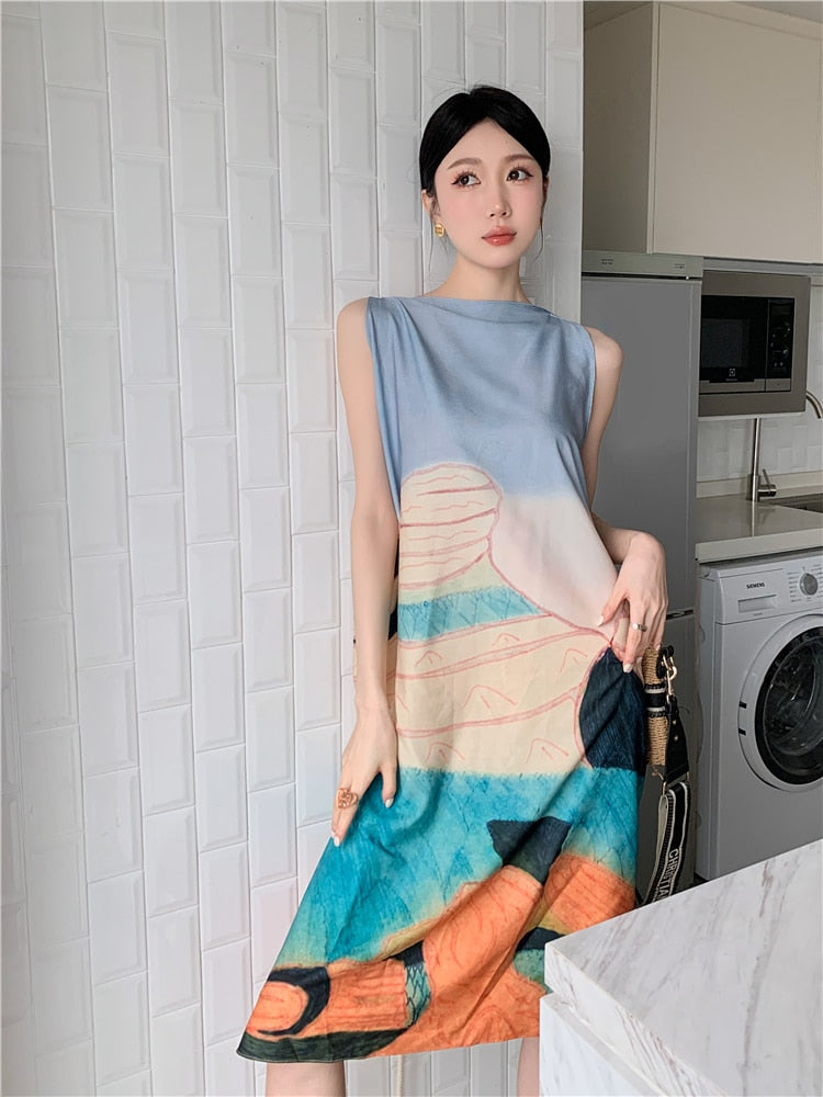 Jewel Abstract Painting Backless Rope String Tie Dress