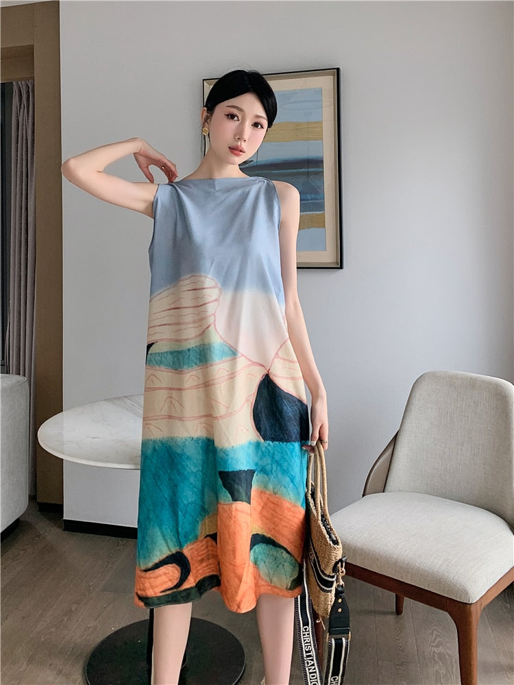 Jewel Abstract Painting Backless Rope String Tie Dress