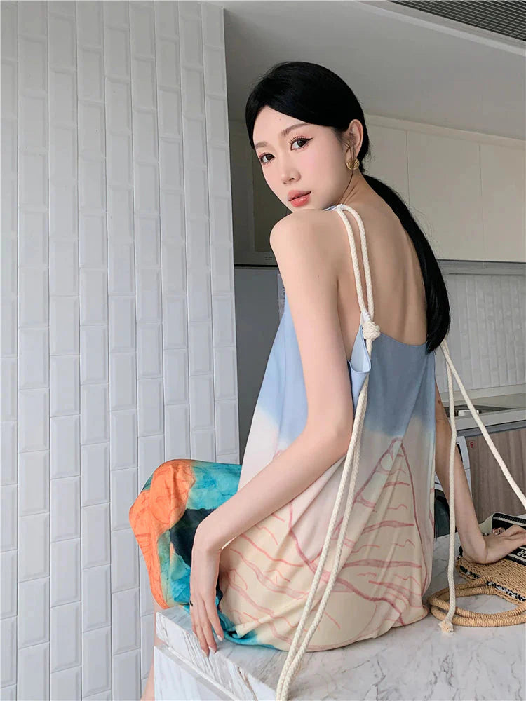 Jewel Abstract Painting Backless Rope String Tie Dress