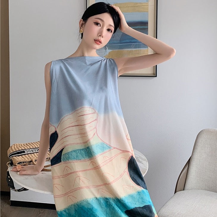 Jewel Abstract Painting Backless Rope String Tie Dress