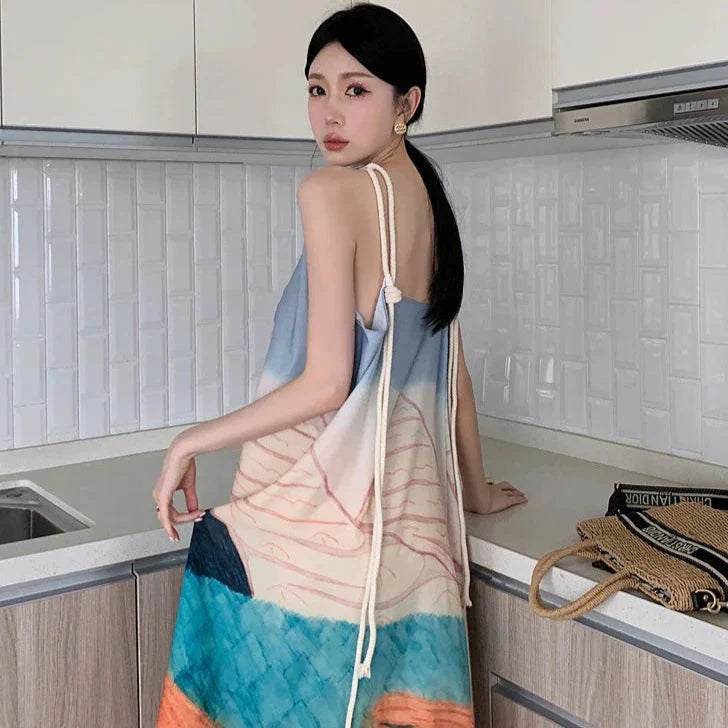 Jewel Abstract Painting Backless Rope String Tie Dress