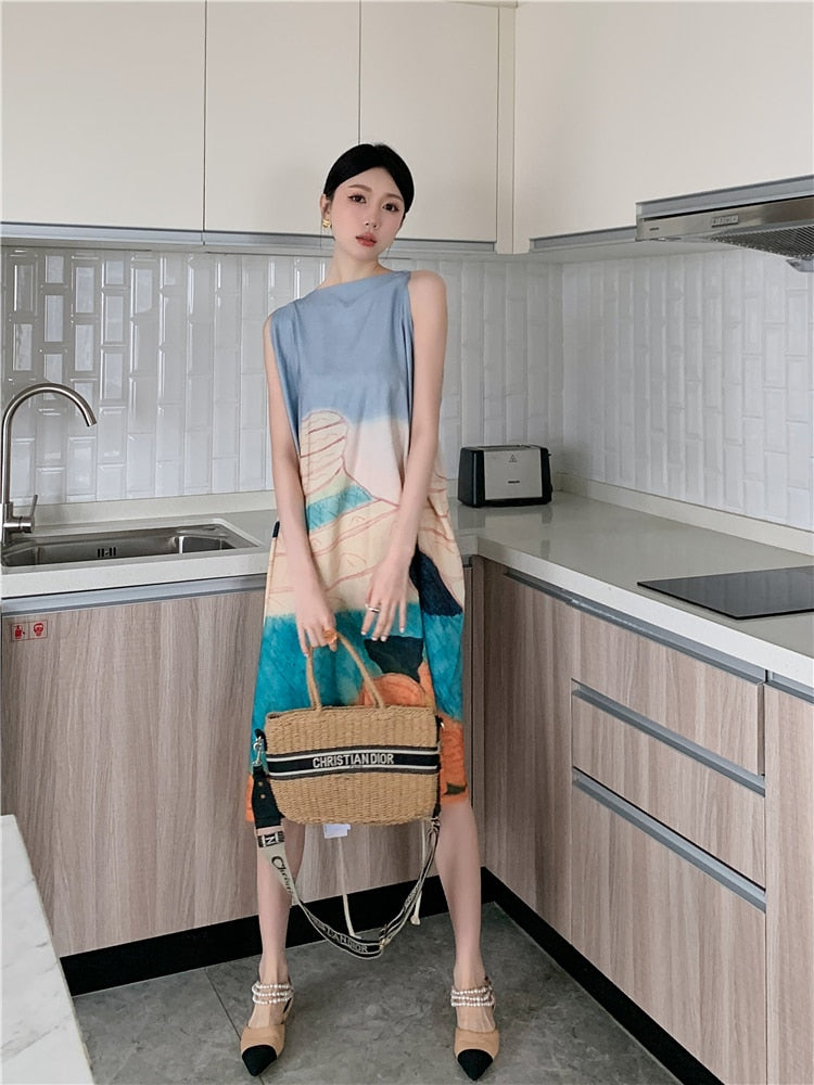 Jewel Abstract Painting Backless Rope String Tie Dress