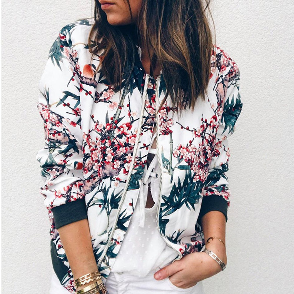 Flower Print Long Sleeve Zipper Jacket