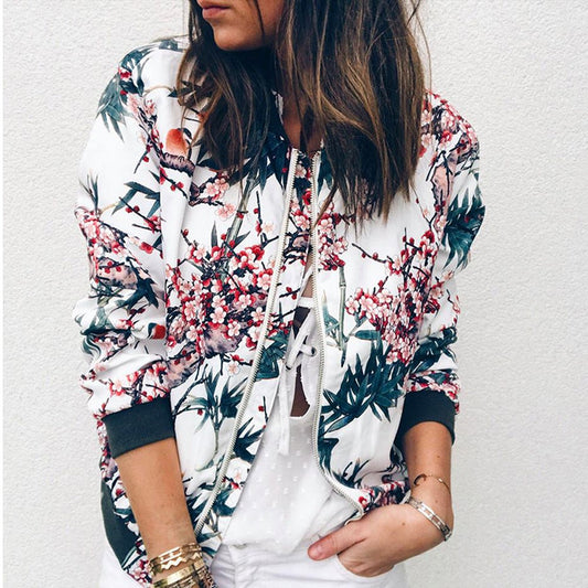 Flower Print Long Sleeve Zipper Jacket