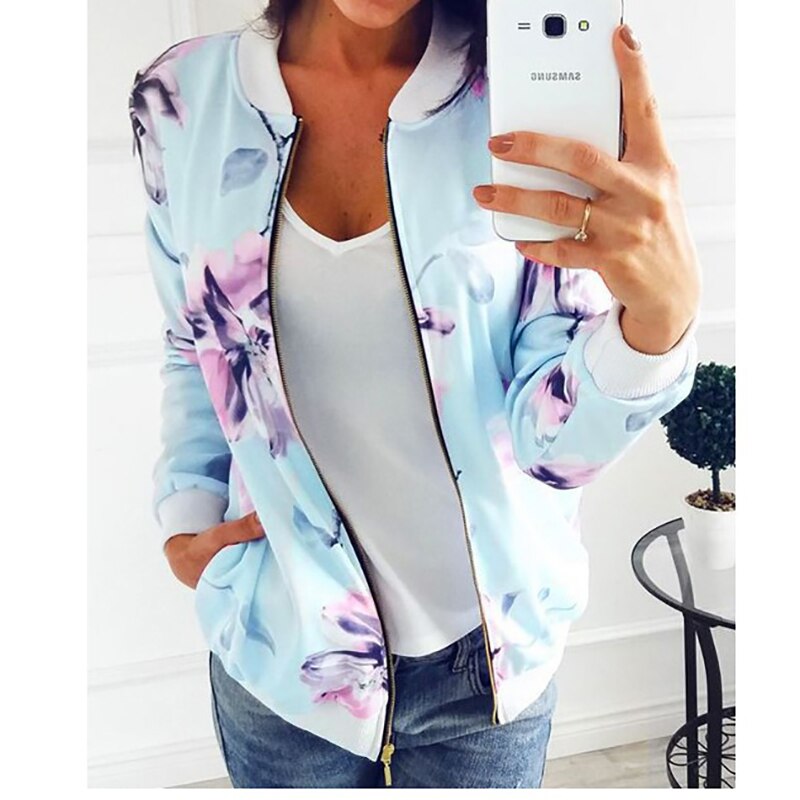 Flower Print Long Sleeve Zipper Jacket