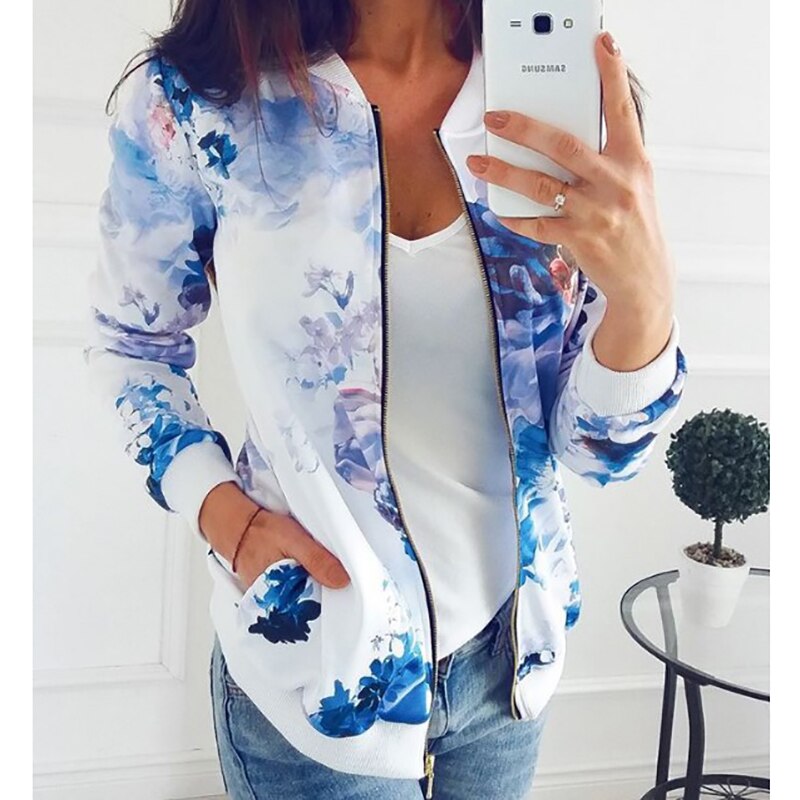 Flower Print Long Sleeve Zipper Jacket
