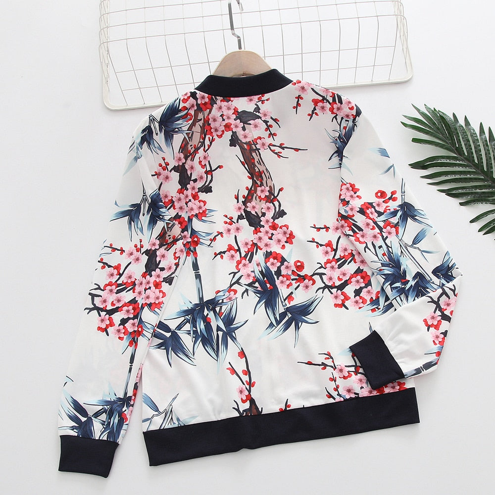 Flower Print Long Sleeve Zipper Jacket