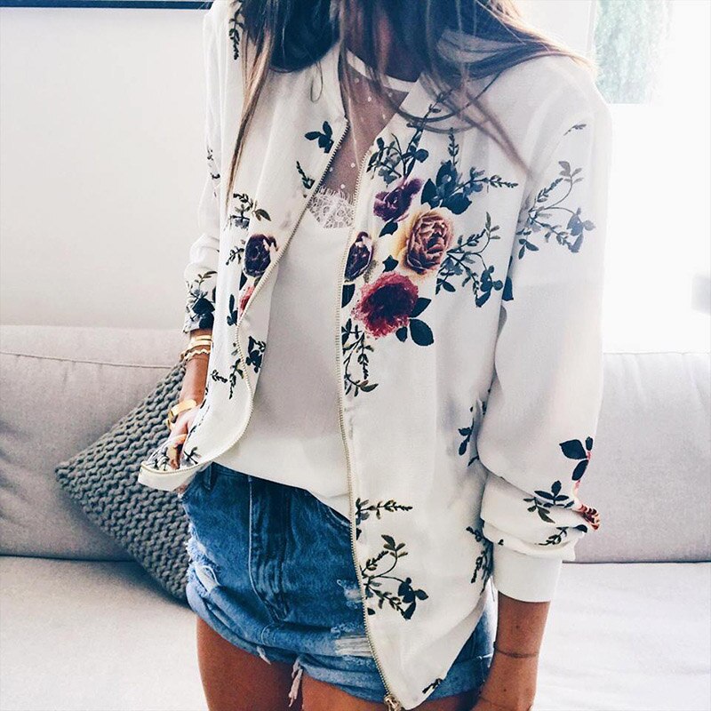 Flower Print Long Sleeve Zipper Jacket