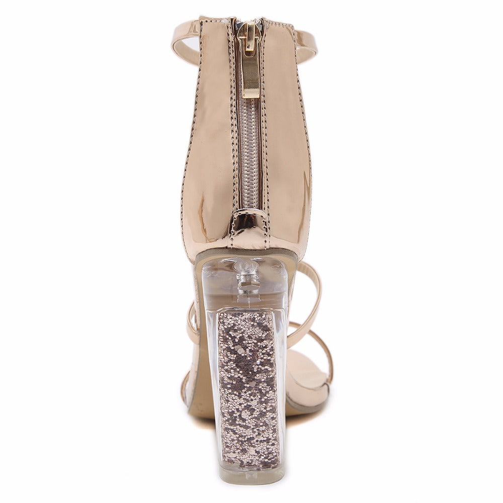 Jordyn Metallic Ankle Strap Clear Heel Sandals