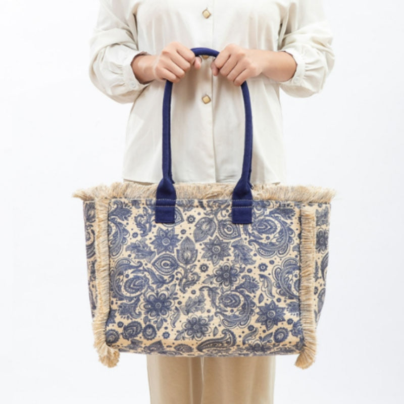 Joslin Retro Print Fringed Canvas Tote Bags - 6 Colors