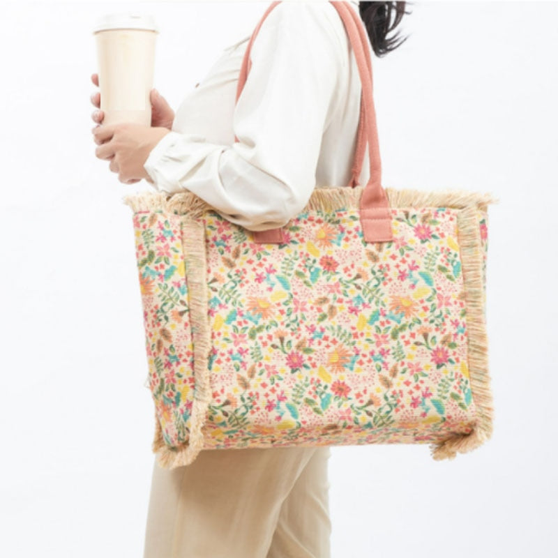 Joslin Retro Print Fringed Canvas Tote Bags - 6 Colors