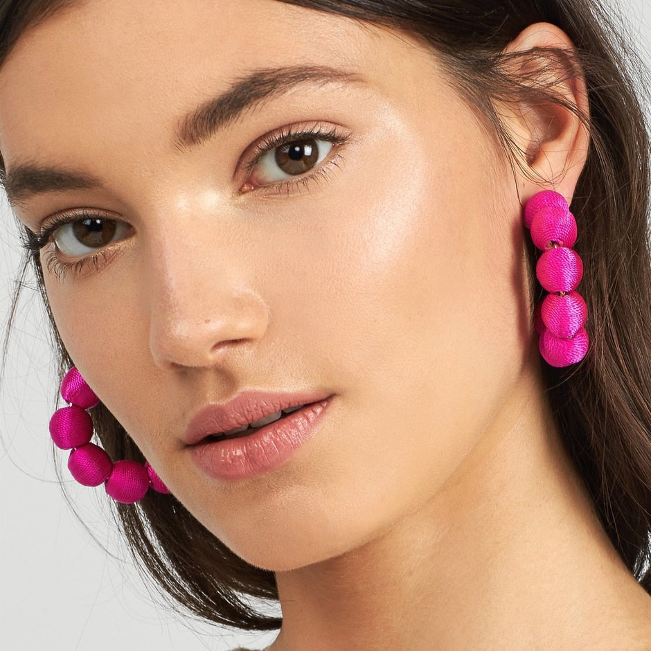Juliana Silk Pom Pom Hoop Earrings - 9 Colors