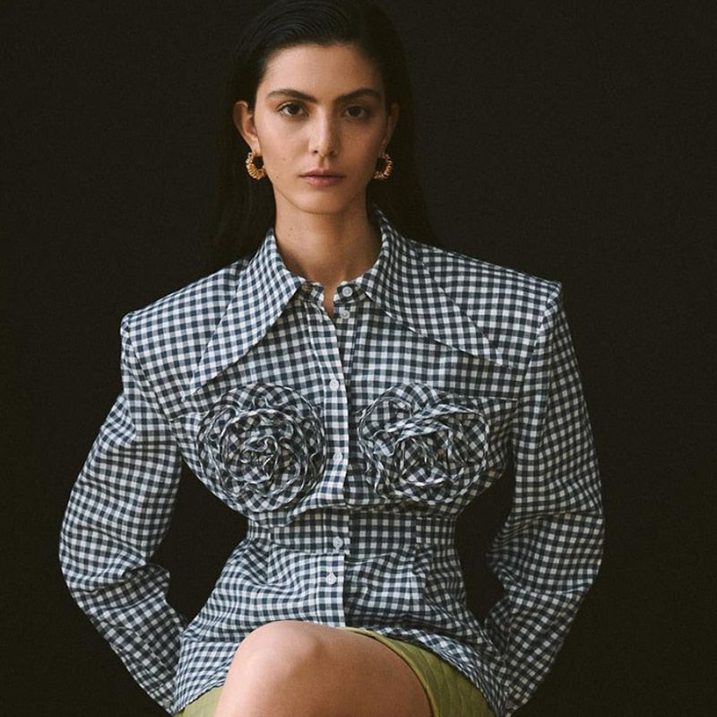 Kaarina Flower Embellished Gingham Shirts Blouses - 4 Colors