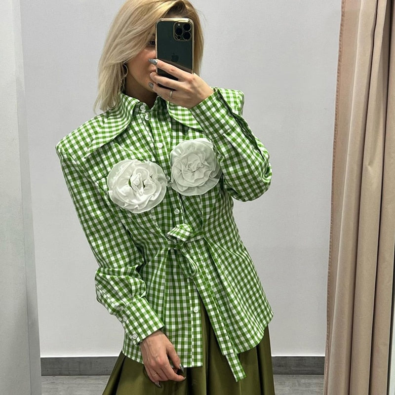 Kaarina Flower Embellished Gingham Shirts Blouses - 4 Colors