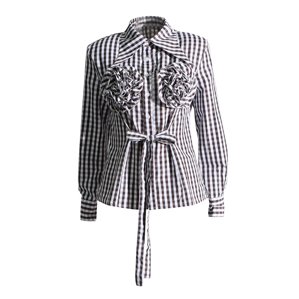 Kaarina Flower Embellished Gingham Shirts Blouses - 4 Colors
