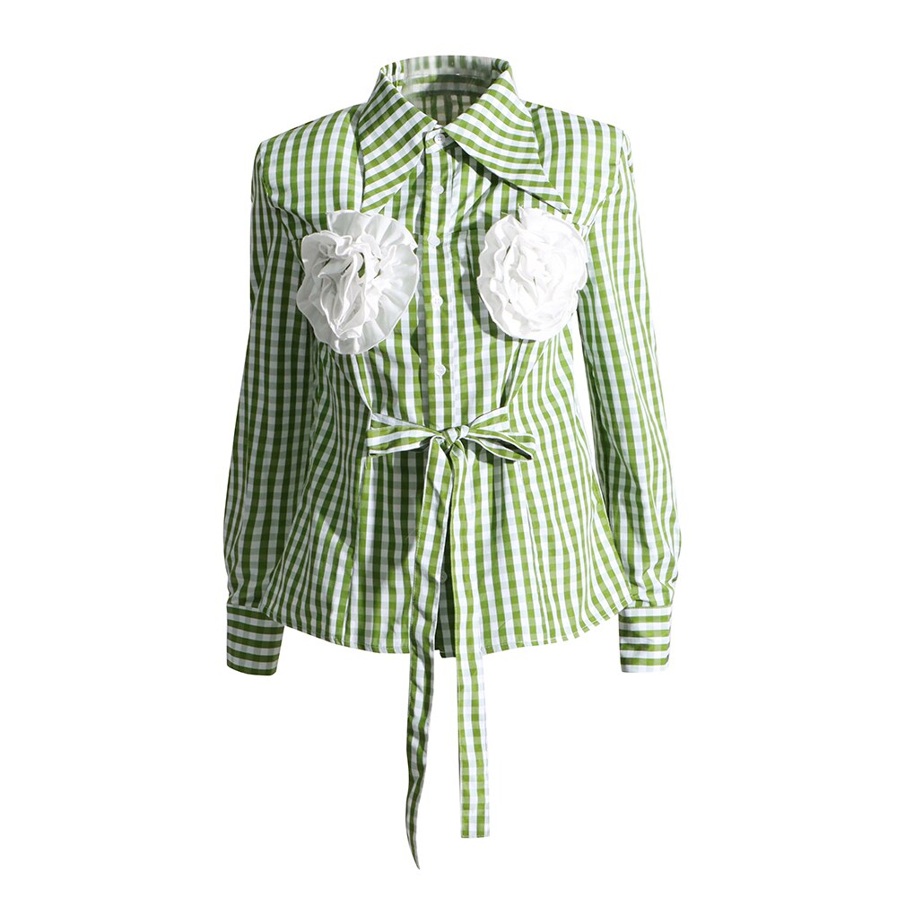 Kaarina Flower Embellished Gingham Shirts Blouses - 4 Colors