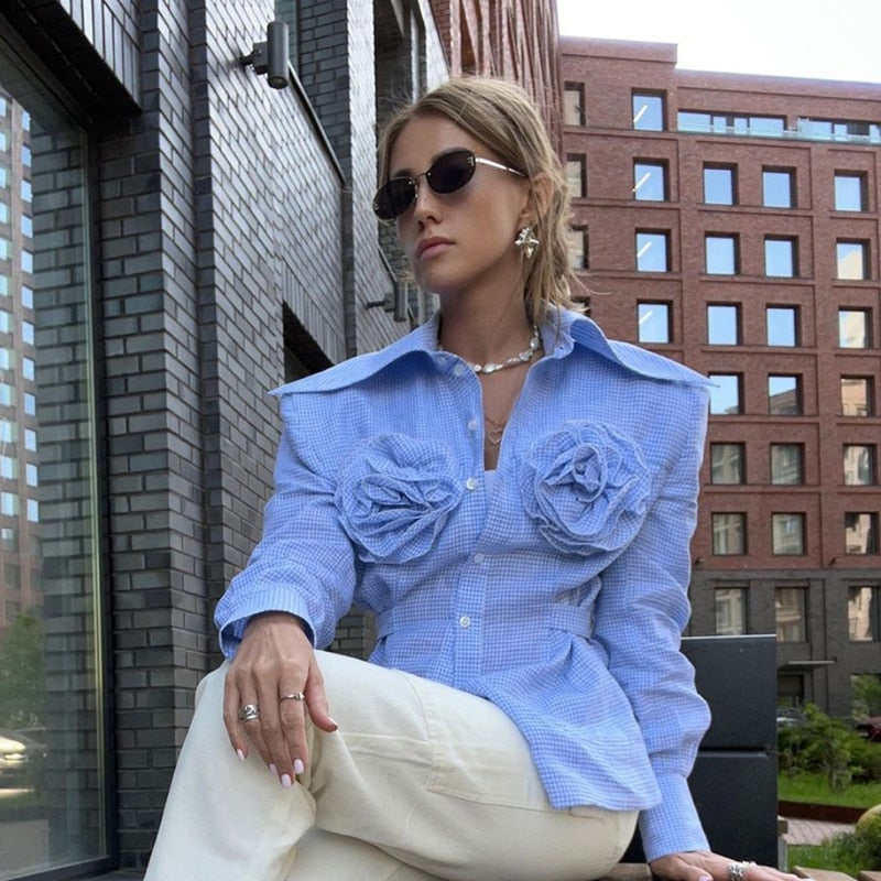 Kaarina Flower Embellished Gingham Shirts Blouses - 4 Colors