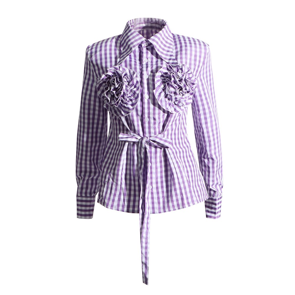 Kaarina Flower Embellished Gingham Shirts Blouses - 4 Colors