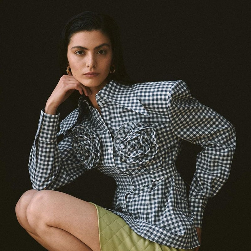 Kaarina Flower Embellished Gingham Shirts Blouses - 4 Colors