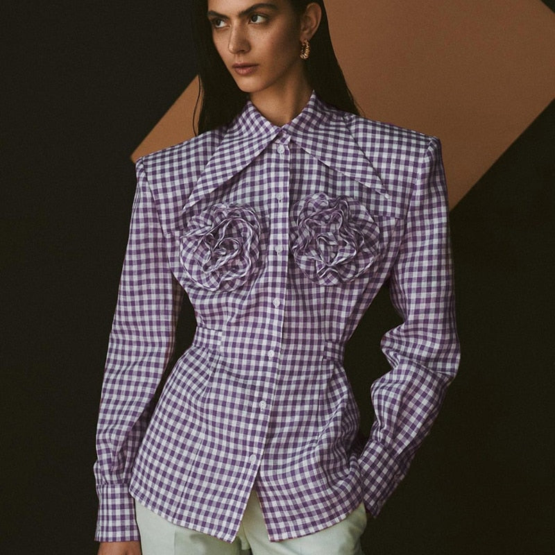 Kaarina Flower Embellished Gingham Shirts Blouses - 4 Colors