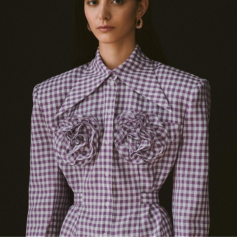 Kaarina Flower Embellished Gingham Shirts Blouses - 4 Colors