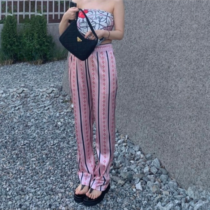 Kaira Stripe Print Satin Pajama Look Pants