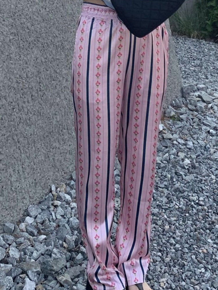 Kaira Stripe Print Satin Pajama Look Pants