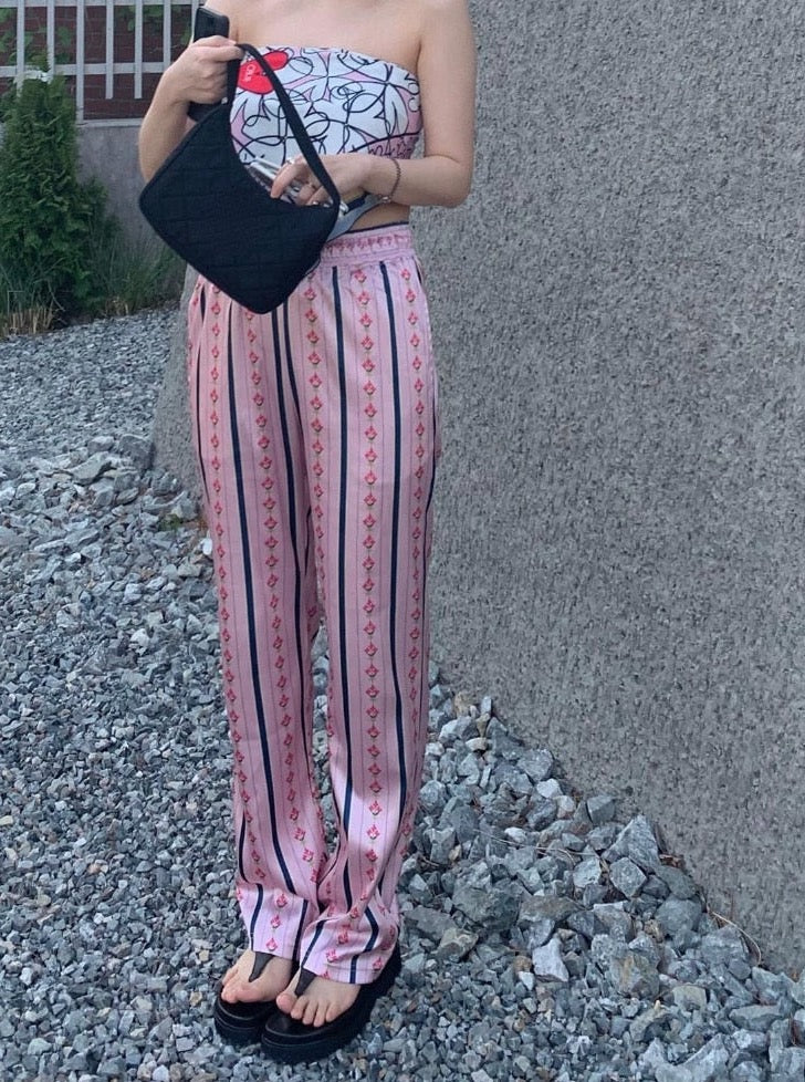 Kaira Stripe Print Satin Pajama Look Pants