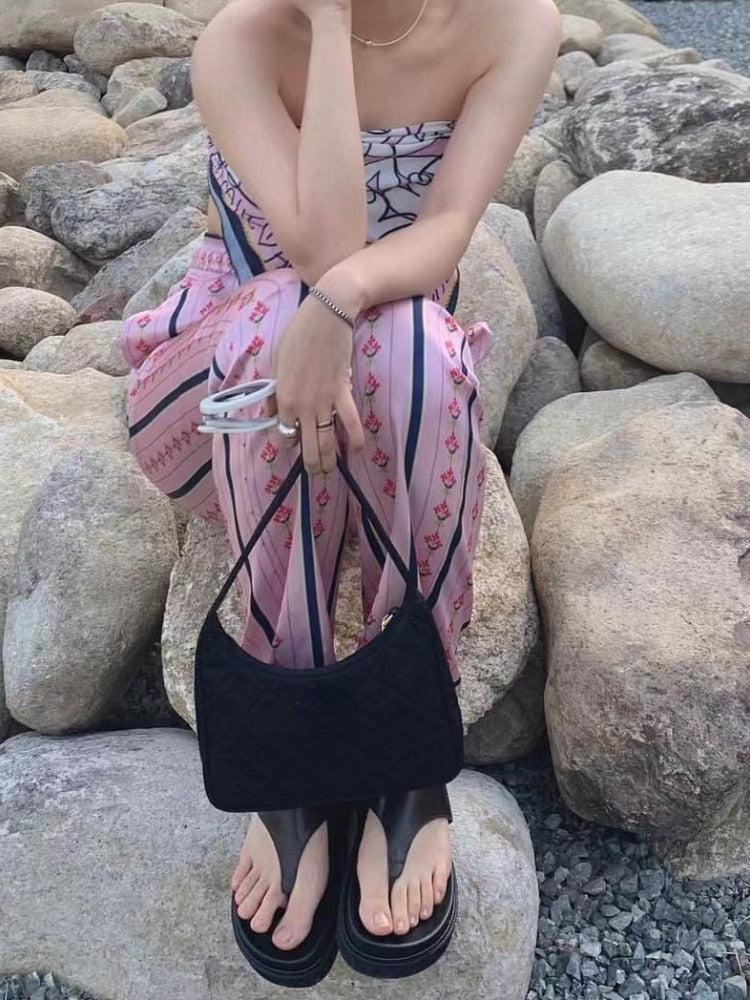 Kaira Stripe Print Satin Pajama Look Pants