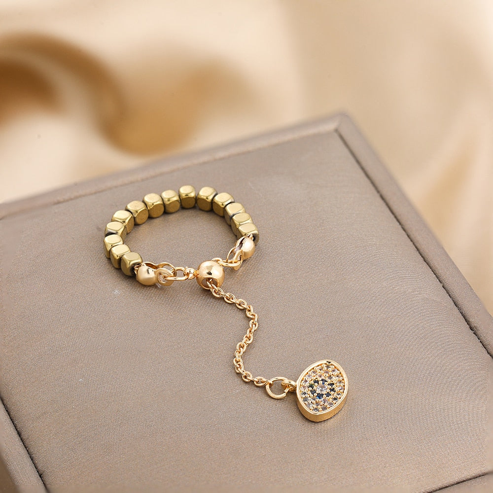 Kamala Hematite Rings with Chain Pendant Charm