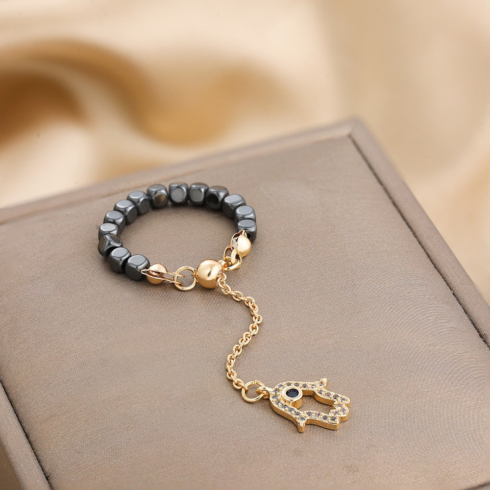 Kamala Hematite Rings with Chain Pendant Charm