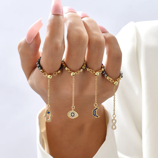 Kamala Hematite Rings with Chain Pendant Charm