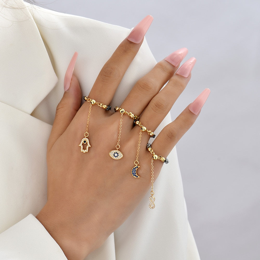 Kamala Hematite Rings with Chain Pendant Charm