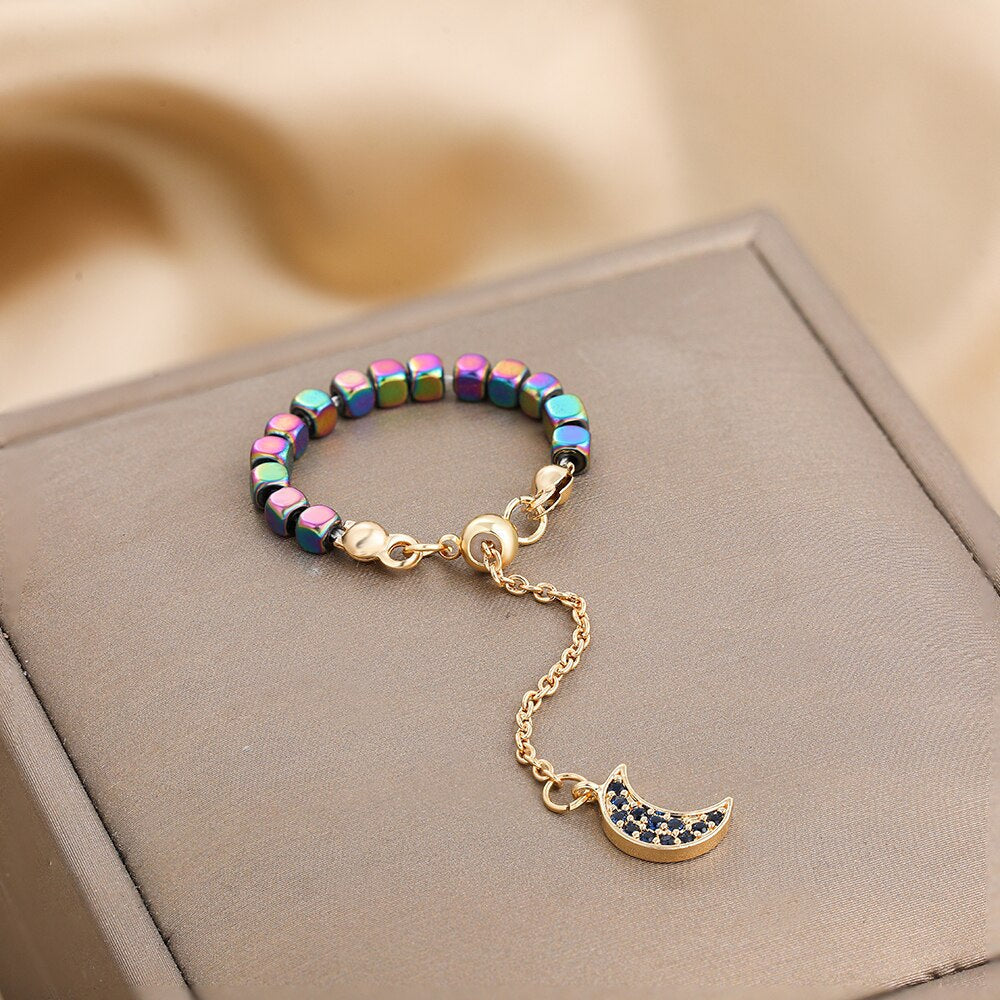 Kamala Hematite Rings with Chain Pendant Charm