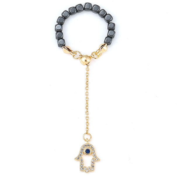 Kamala Hematite Rings with Chain Pendant Charm