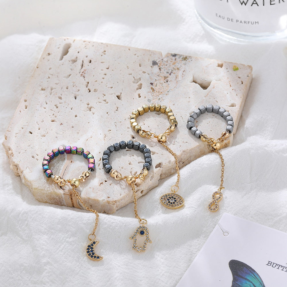 Kamala Hematite Rings with Chain Pendant Charm