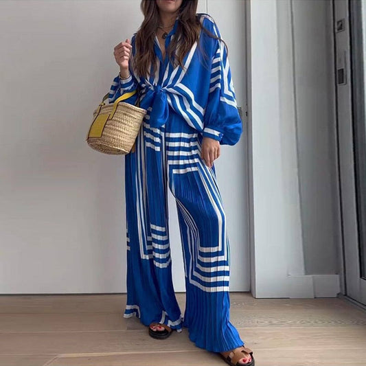 Kemala Blue Stripe Prints Top and Pants 2 Pieces Set