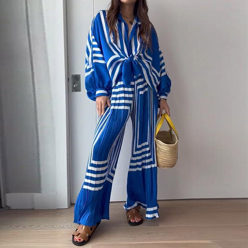 Kemala Blue Stripe Prints Top and Pants 2 Pieces Set