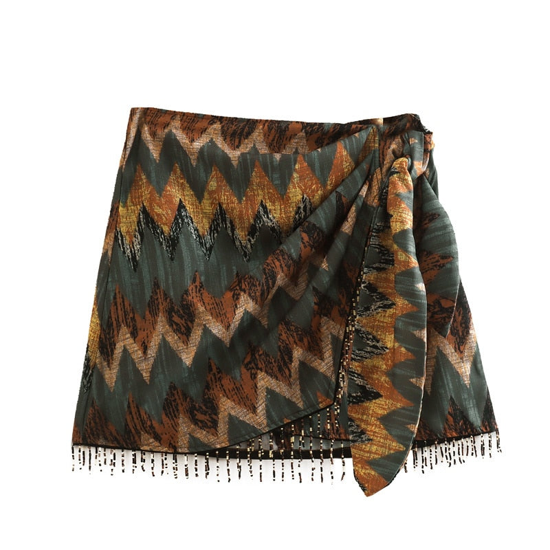 Keshia Tribal Print and Beads Wrap Mini Skirts