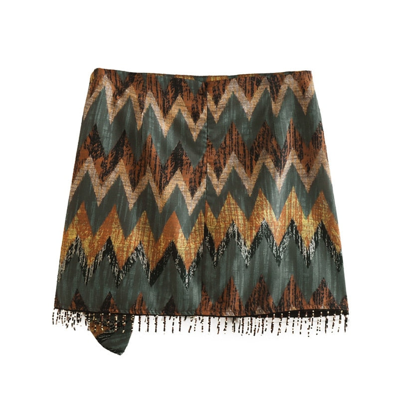 Keshia Tribal Print and Beads Wrap Mini Skirts
