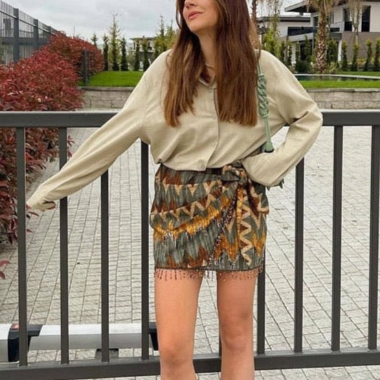 Keshia Tribal Print and Beads Wrap Mini Skirts