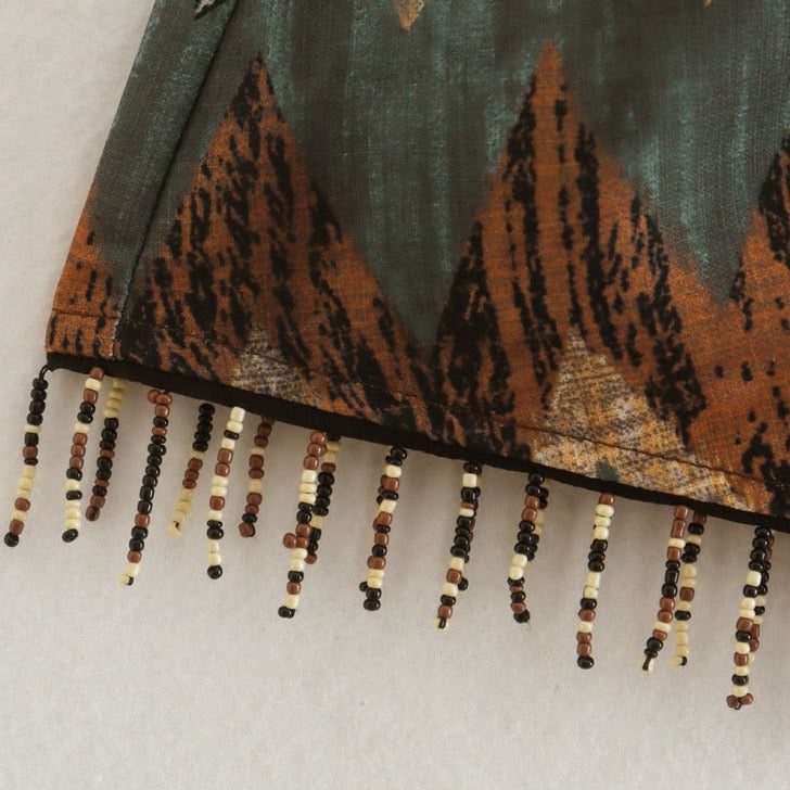 Keshia Tribal Print and Beads Wrap Mini Skirts