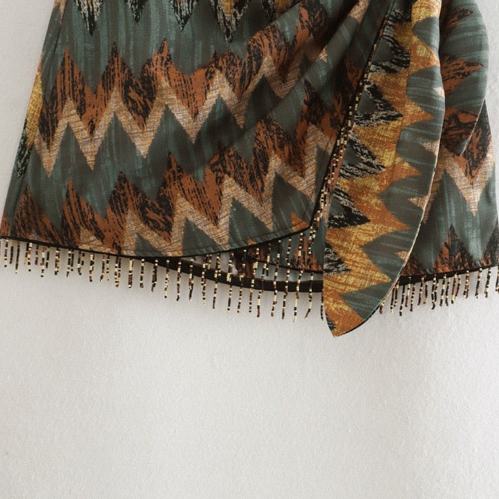 Keshia Tribal Print and Beads Wrap Mini Skirts