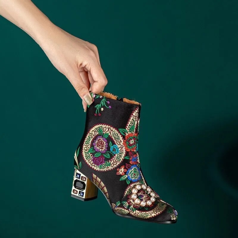 Kioni Silk Embroidery Bejeweled Ankle Boots
