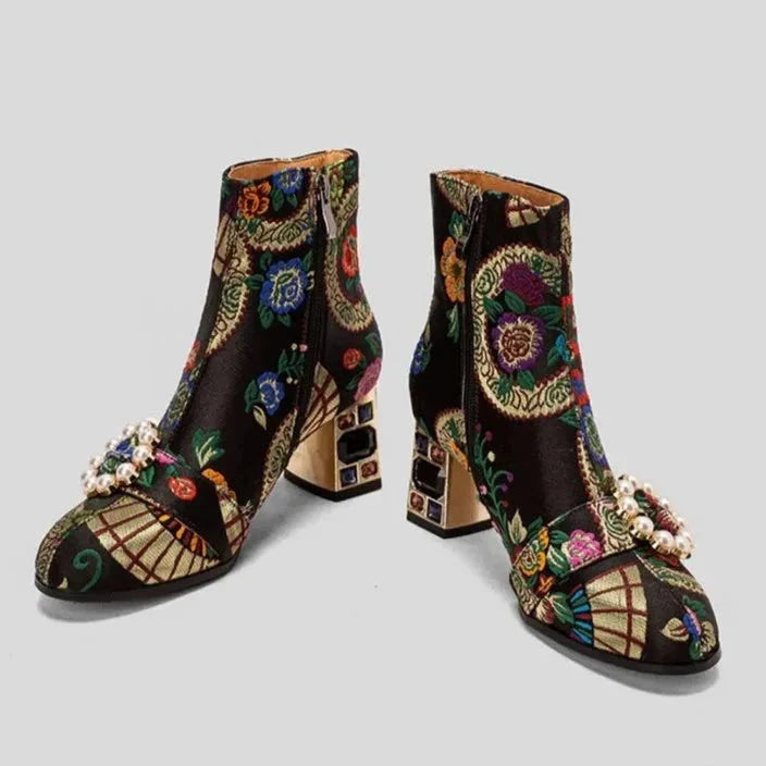 Kioni Silk Embroidery Bejeweled Ankle Boots