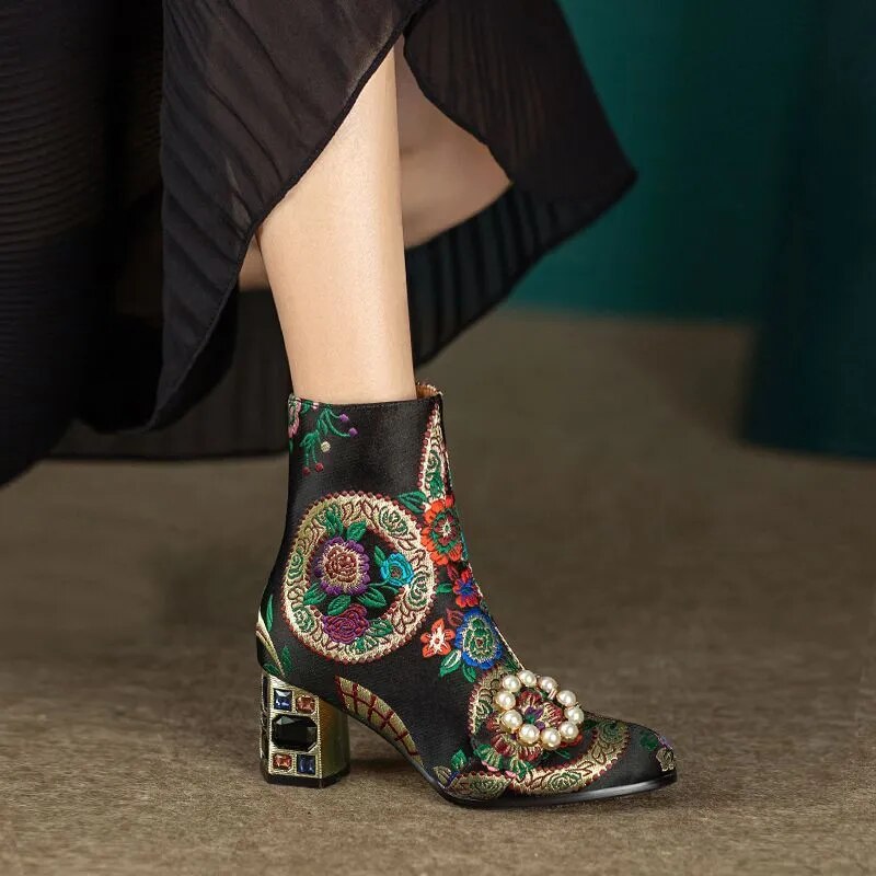 Kioni Silk Embroidery Bejeweled Ankle Boots