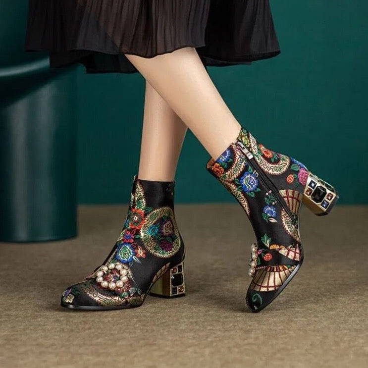 Kioni Silk Embroidery Bejeweled Ankle Boots