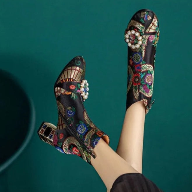 Kioni Silk Embroidery Bejeweled Ankle Boots